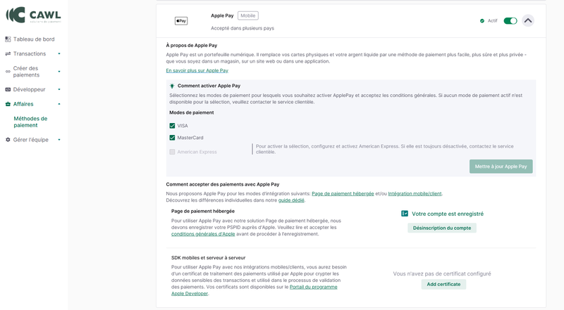 Etape 3 - Apple Pay - Actif - guide de démarrage