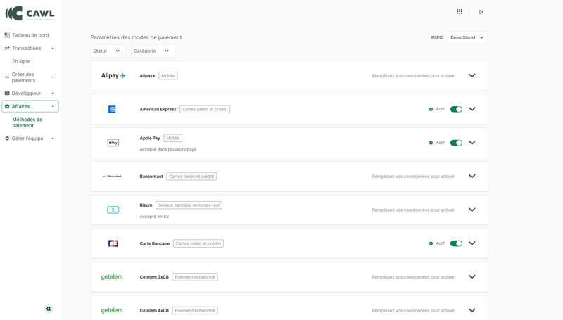 Menu - Liste Methodes Paiement - guide de démarrage