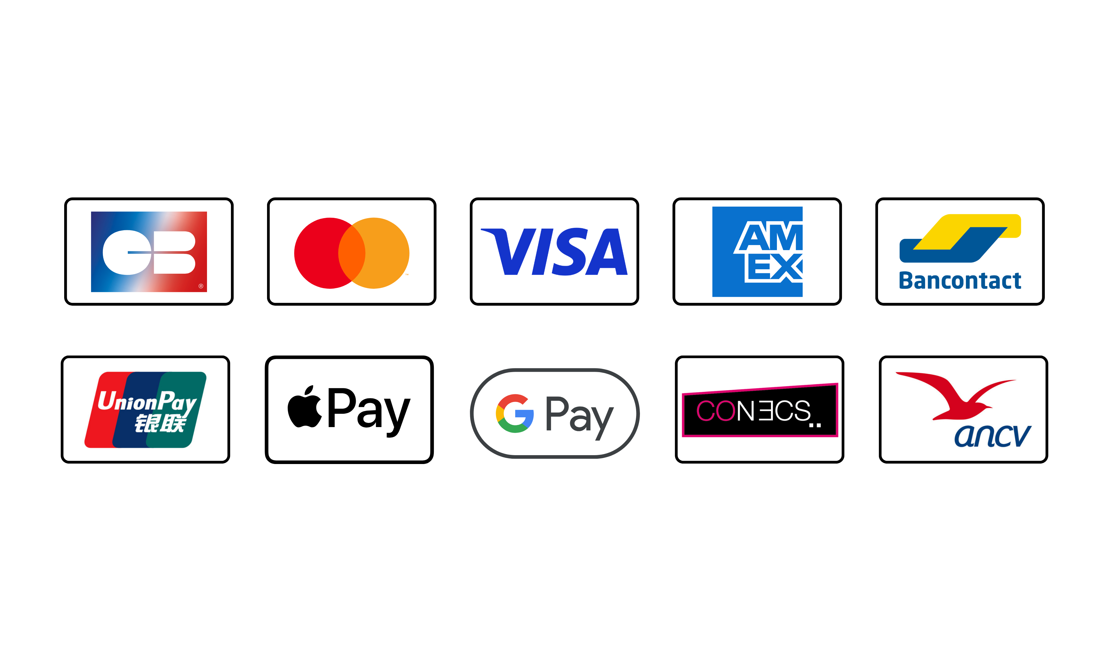 Moyens de paiement CB, Mastercard, Visa, AMEX, Bancontact, unionpay, Apple Pay, Google Pay, Conecs, ANCV